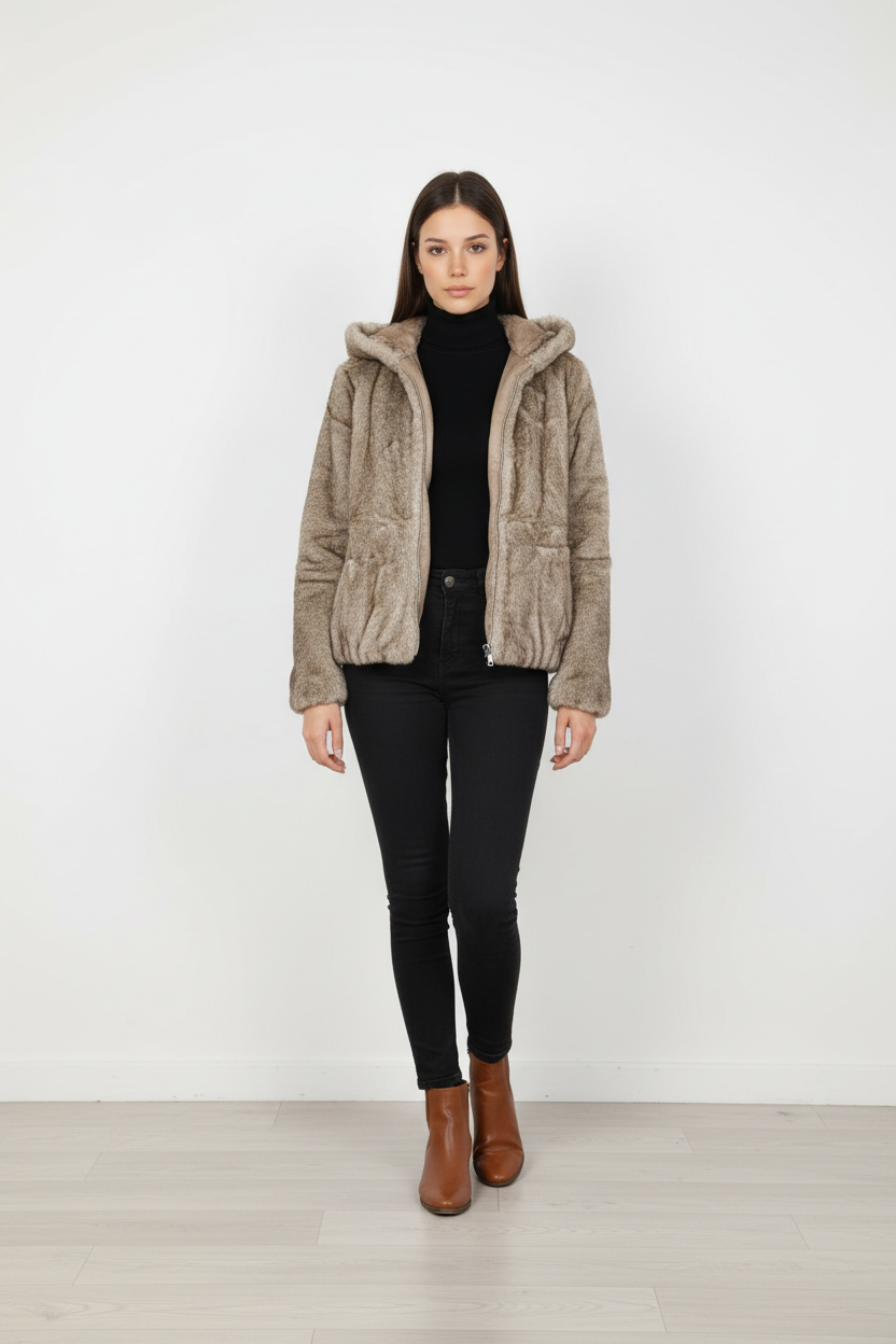 CHAQUETA DE PELO SINTÉTICO Beig TIPO BOMBER CON CREMALLERA Y GORRO – MUJER Trapío