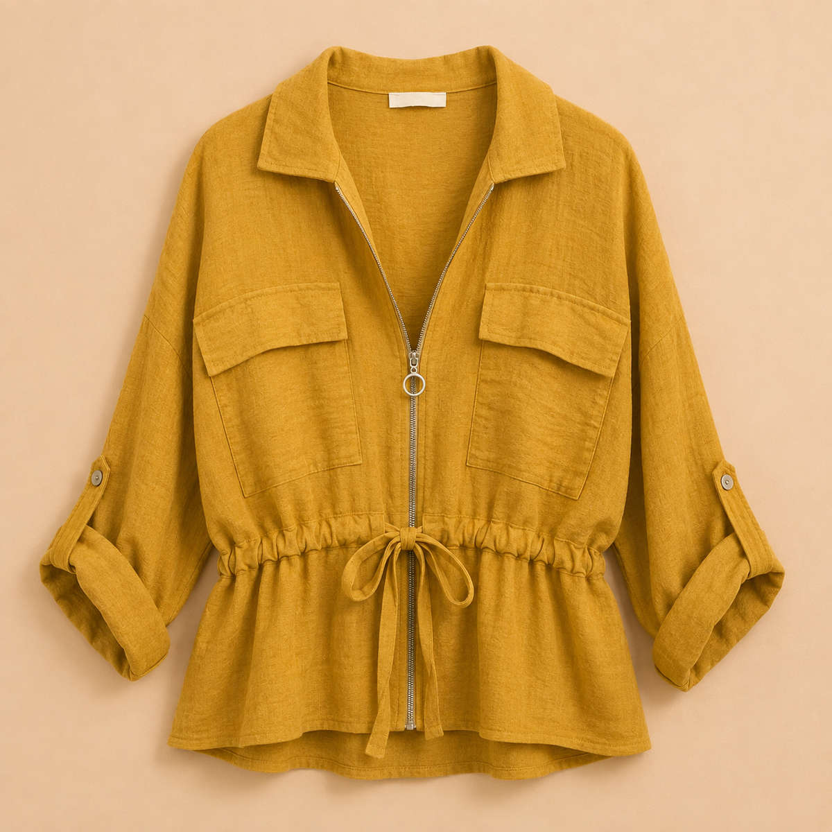 Chaqueta Mostaza con Bolsillos y Cintura Ajustable Trapio