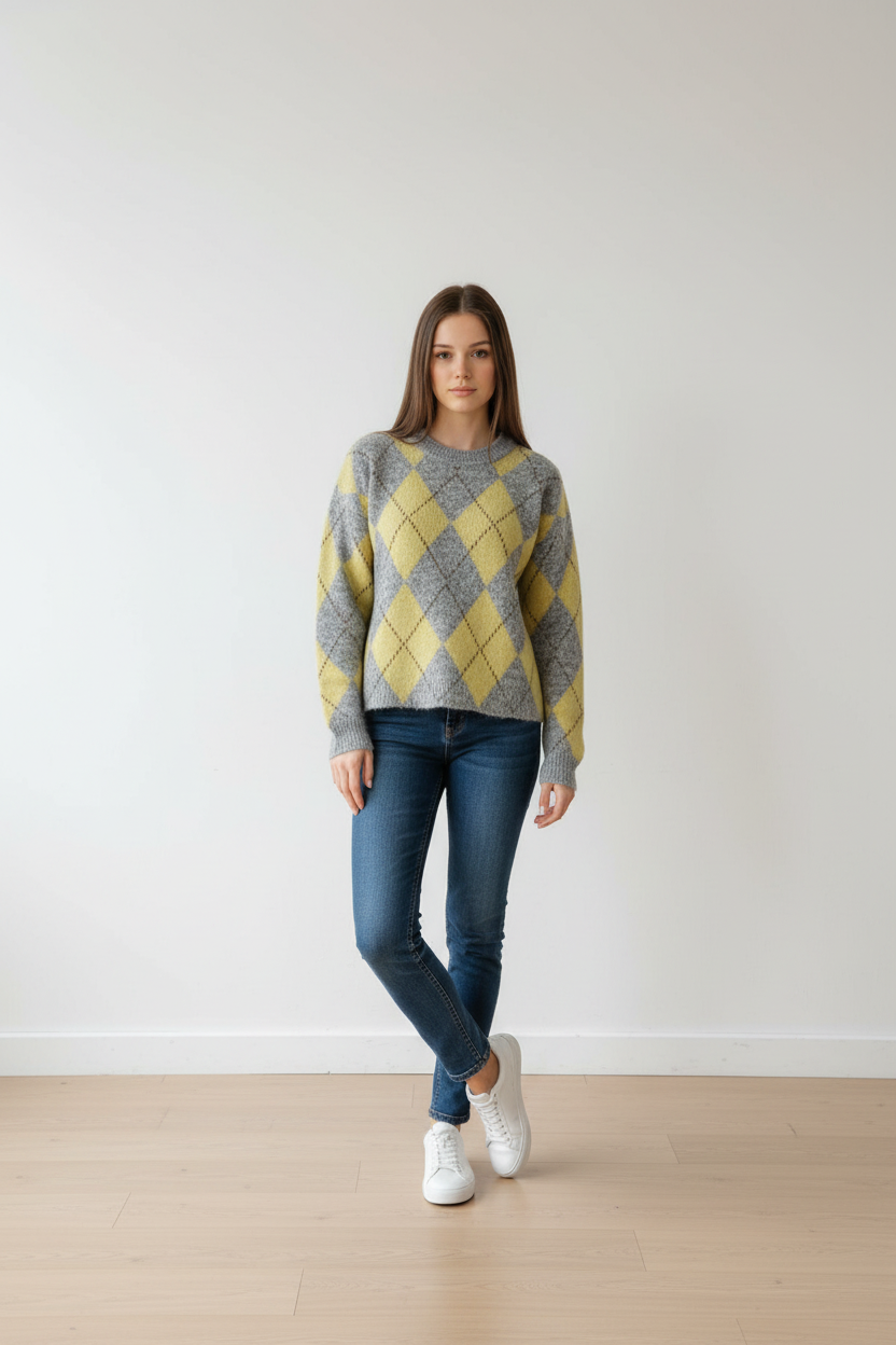 Jersey de Mujer de Lana con Dibujo de Rombos en Tonos Grises y Amarillo – Trapio