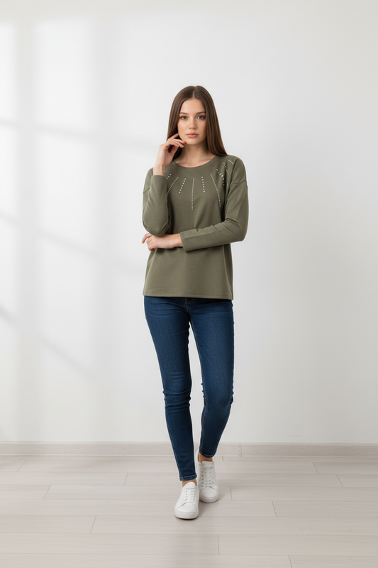 Sudadera de Mujer Verde Militar con Perlas y Brillos en el Pecho – Trapio