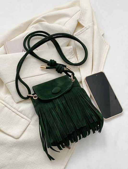 Bolso verde pequeño flecos