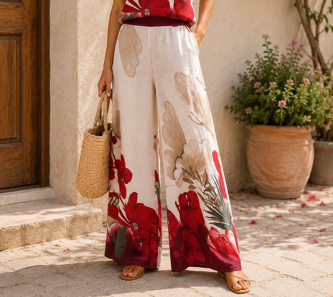 Pantalón estampado amapolas beige y rojo Trapío
