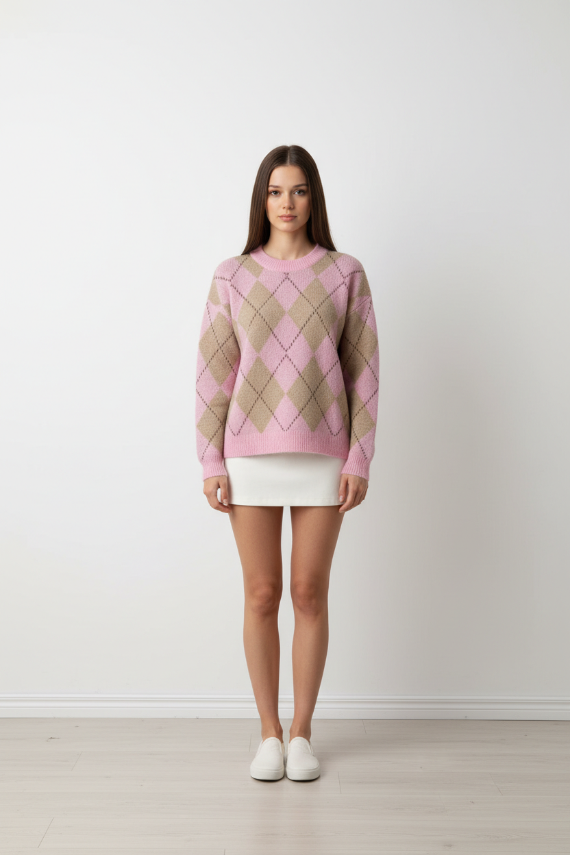 Jersey de Mujer de Lana con Dibujo de Rombos en Tono Rosa – Trapio