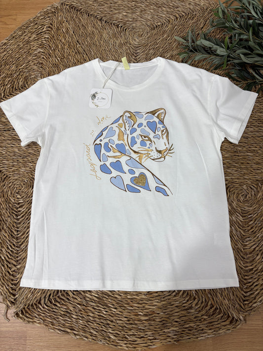 Camiseta algodón leopardo celeste curvy