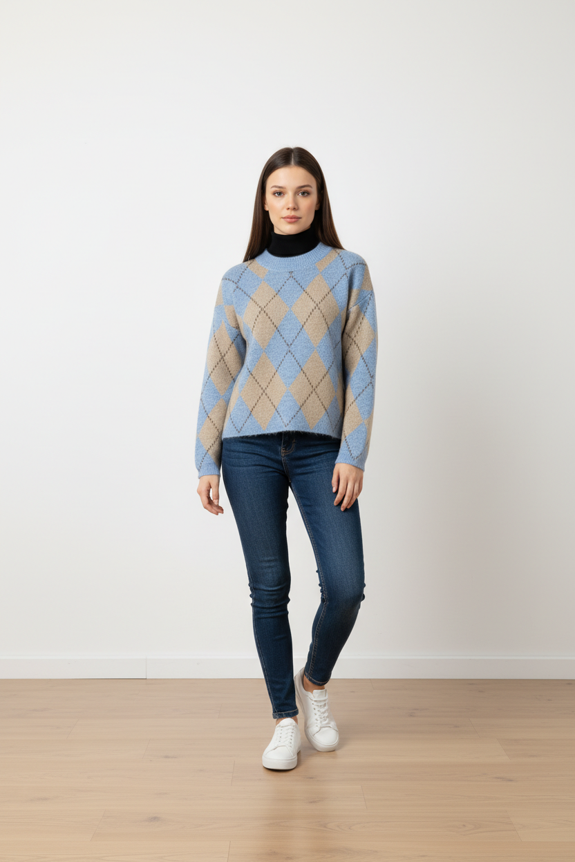 Jersey de Mujer de Lana con Dibujo de Rombos en Tonos Azules – Trapio