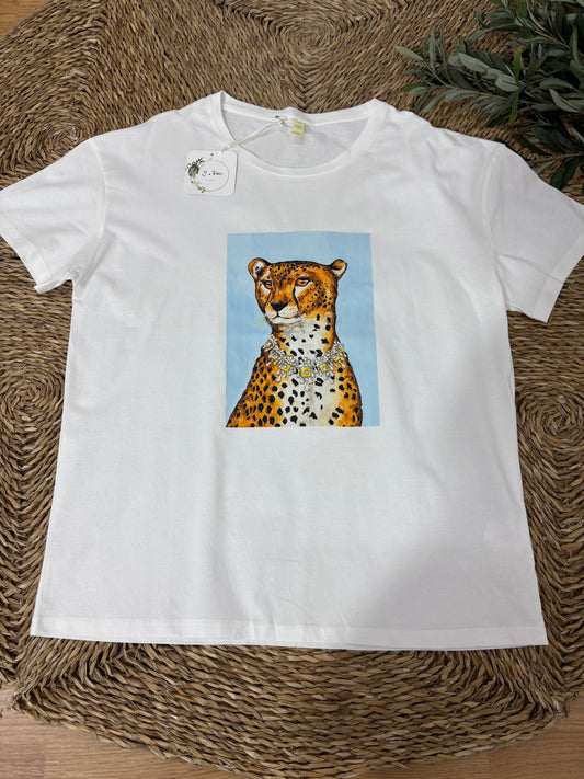 Camiseta algodón leopardo pedrería celeste curvy