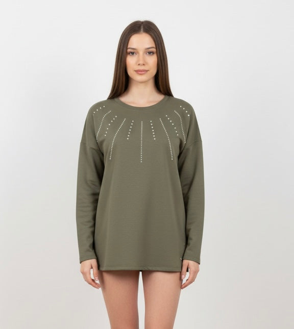 Sudadera de Mujer Verde Militar con Perlas y Brillos en el Pecho – Trapio