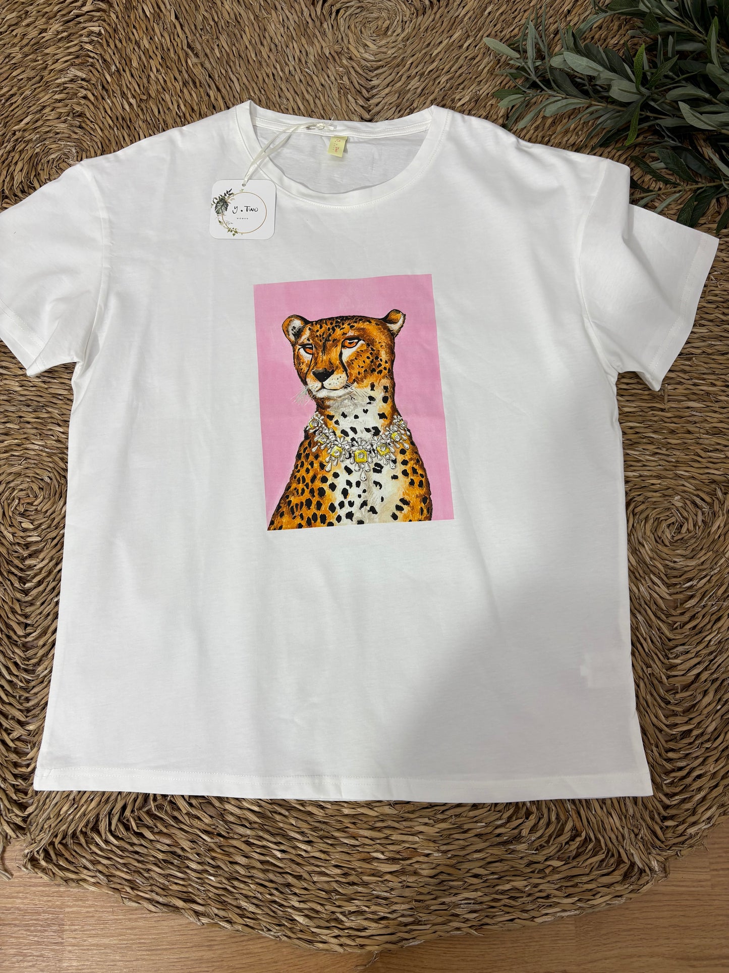 Camiseta algodón leopardo pedrería rosa curvy