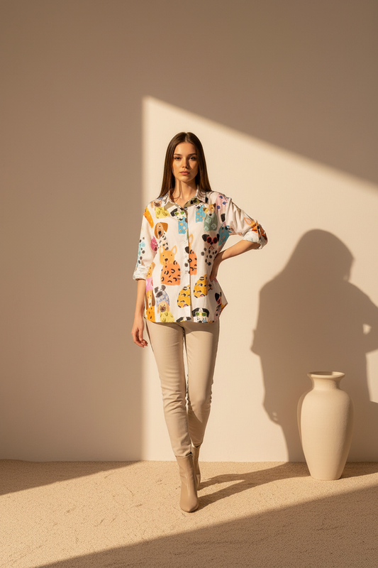 Camisa de Mujer Blanca con Estampado de Animalitos y Tallas de la S a la XL – Trapio