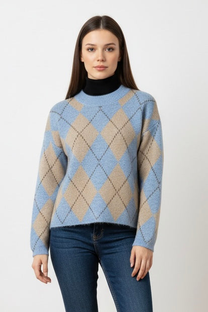 Jersey de Mujer de Lana con Dibujo de Rombos en Tonos Azules – Trapio