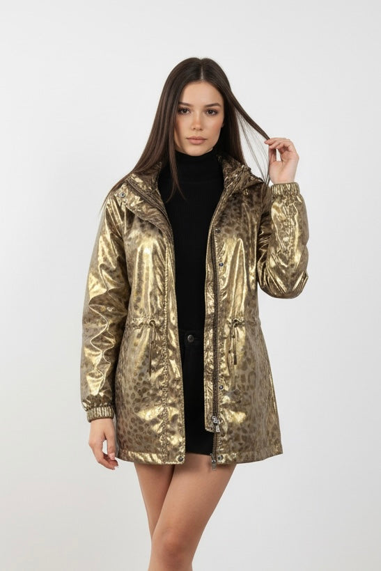 Parka Animal Print oro con capucha desmontable y efecto purpurina – Trapío