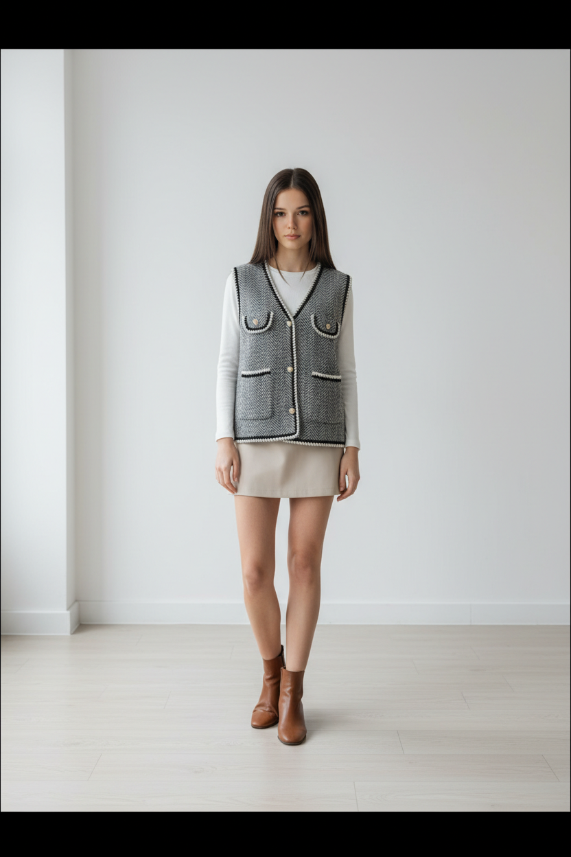 Chaleco Sierra Blanca – Tono Beige con Hilo Dorado-Trapío