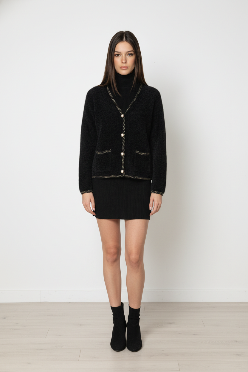 Chaqueta corte  mujer “Sierra Oscura” en tono negro con escote en V, botones de perla y ribete dorado – Trapío