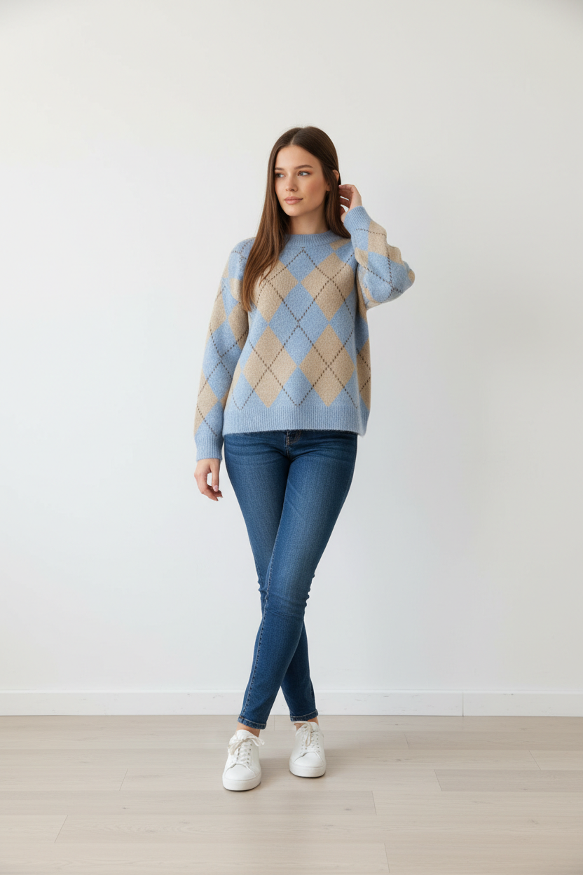 Jersey de Mujer de Lana con Dibujo de Rombos en Tonos Azules – Trapio