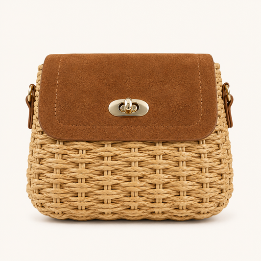 Bolso Bandolera de Rafia y Solapa Camel Trapío