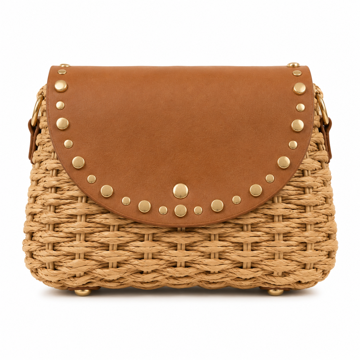 Bolso Bandolera de Rafia con Solapa de Tachuelas Camel Trapío