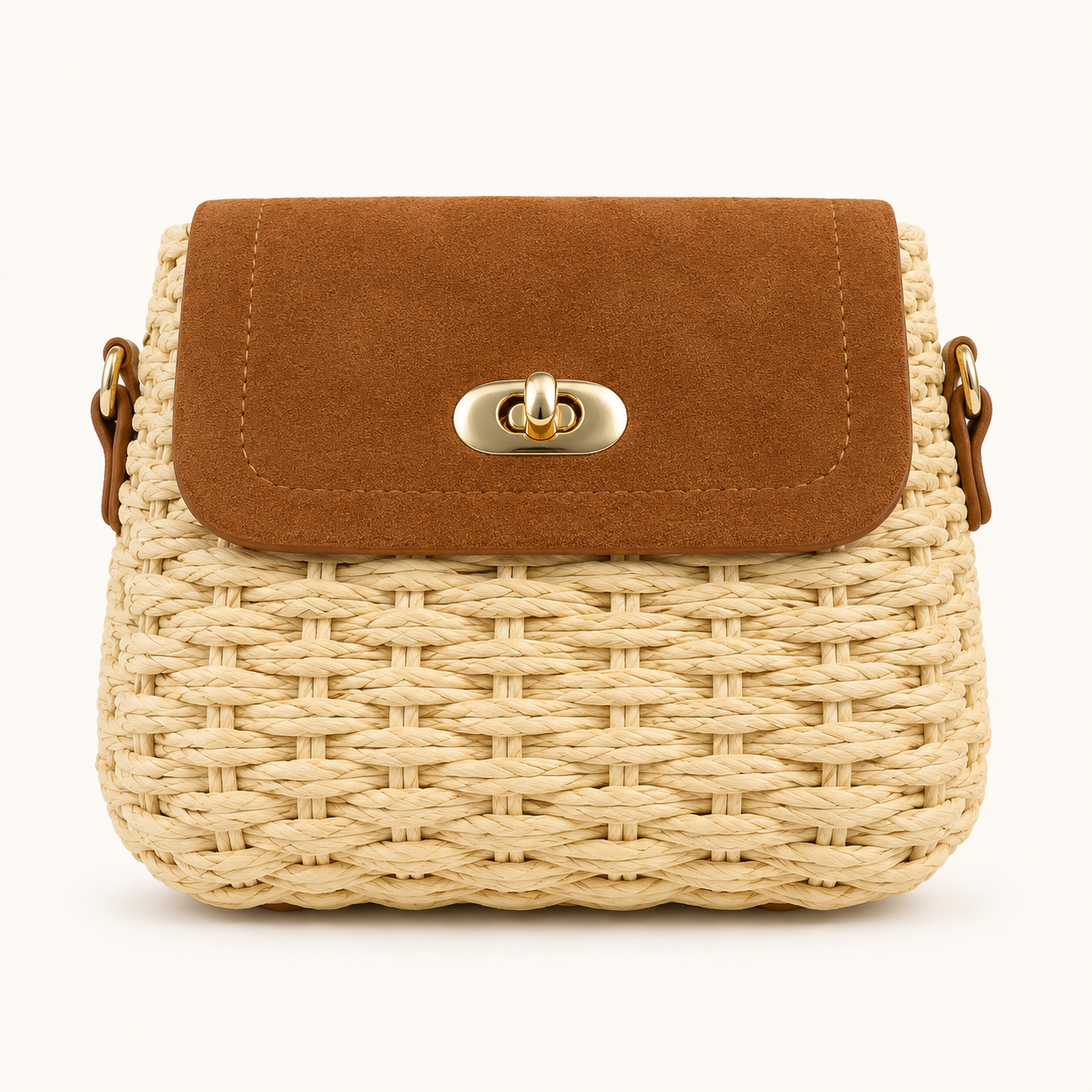 Bolso Bandolera de Rafia Natural y Solapa Camel Trapío