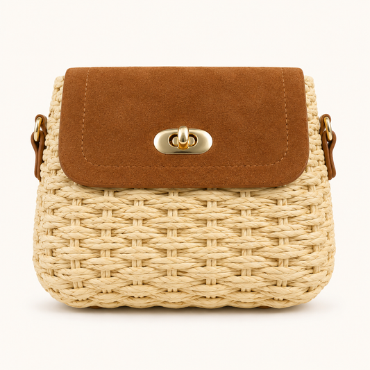 Bolso Bandolera de Rafia Natural y Solapa Camel Trapío