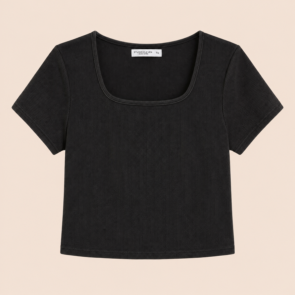 Camiseta de canalé negra de manga corta Trapio