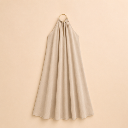 Vestido Halter Beige con Aro Dorado Trapio